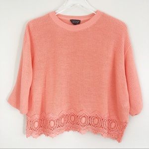 Topshop | Coral Crewneck Lace Crop Sweater